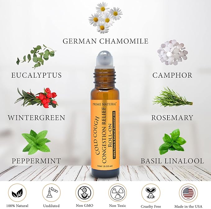 PRIME NATURAL Cold Cough Congestion Relief Essential Oil Roll on (10ml), Pre-Diluted Ready to Use Roller for Sinus, Sore Muscle, Headache & Sleep