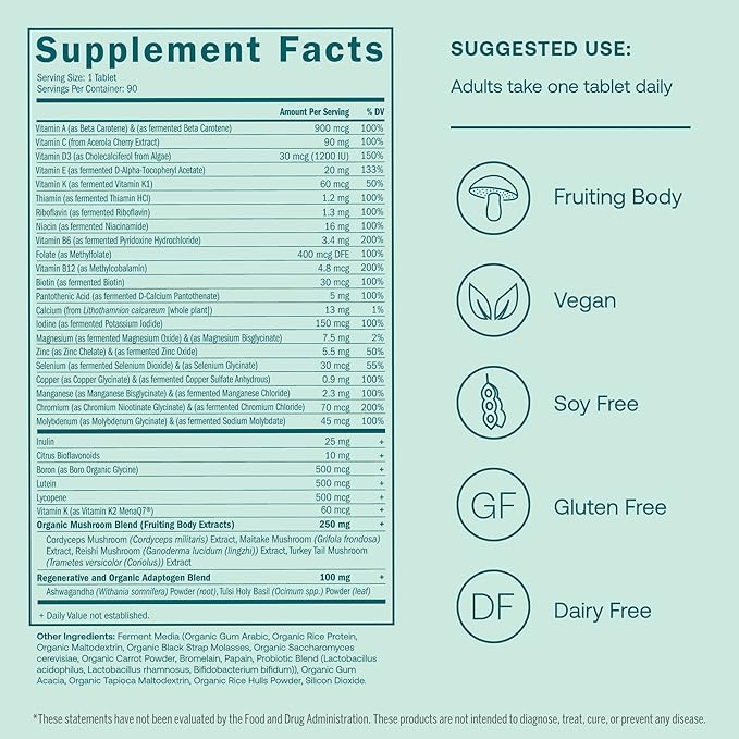 True Grace One Daily Menâs Multivitamin Fermented Minerals, Organic Adaptogens & Mushrooms Whole Body Balance Immune, Endurance, Bone & Heart Support - Non-GMO, Gluten Free - 90 Vegan Tablets