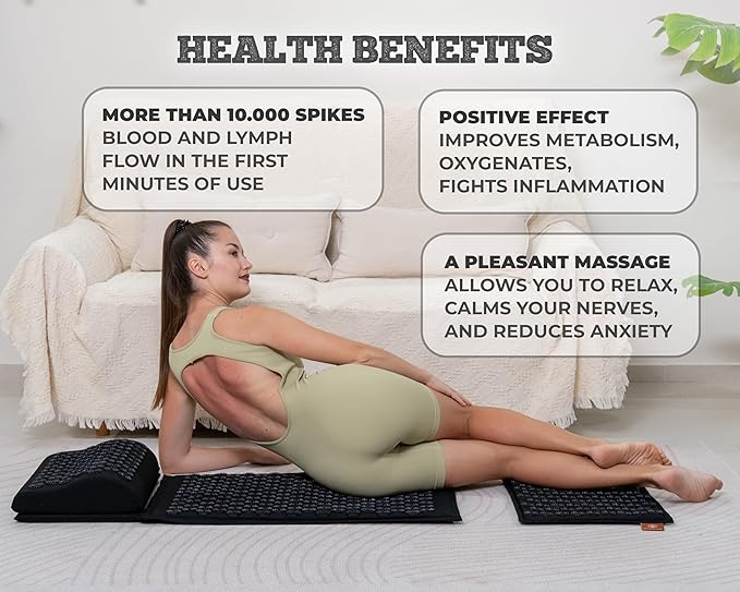 Acupressure Mat & Pillow – Natural Back & Neck Pain Relief, Stress Relief, and Better Sleep Kit (Includes Pillow & Carry Bag, Deep Black).