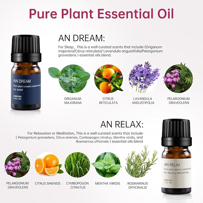 Natural Plant Essential Oil Blends for Diffuser,Aromatherapy with 2 Bottles 20ml(0.68Oz) of an-Dream and an-Relax Set for Sleeping and Relaxation at Home,Office,for All Ultrasonic Diffuser Scent.