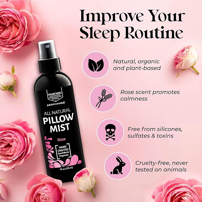 Aromasong Rose Pillow Spray - All Natural Calming Linen & Bedtime Mist for Sleep - Aromatherapy Botanical Essential Oils for Sleeping - Relaxing Fragrance Rose Scent 4 fl. Oz.