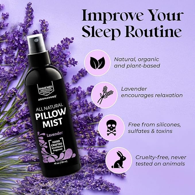 Aromasong Lavender Pillow Spray - All Natural Calming Linen & Bedtime Mist for Deep Sleep - Aromatherapy Botanical Essential Oils for Sleeping - for Relaxing Stress Fragrance Scent