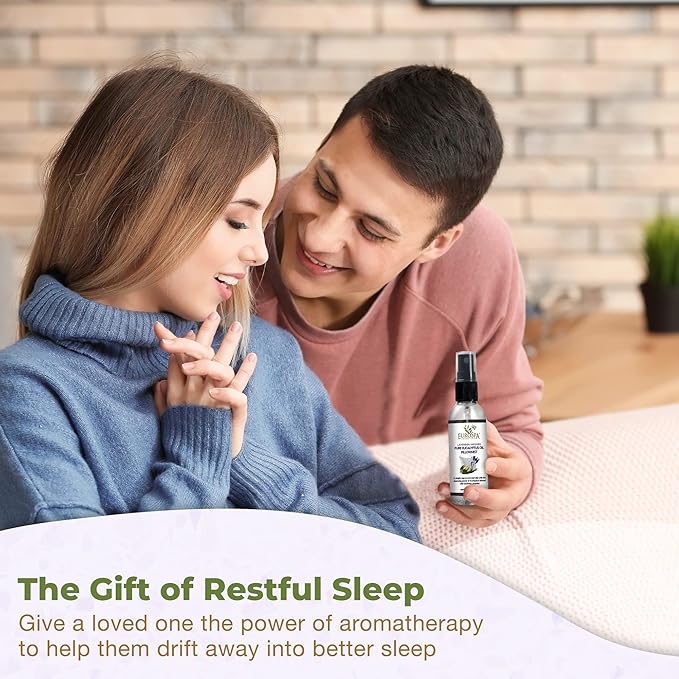 EuroSpa Aromatics Lavender-Infused Pure Eucalyptus Oil Pillow Mist Sleep Spray - Deep Sleep Pillow Spray - Lavender Bed Spray - Lavender Spray Sleep Mist - Lavender Linen Spray for Bedding - 2oz