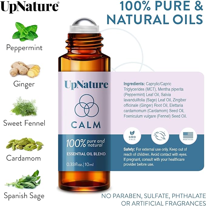UpNature Calm Essential Oil Roll On - 100% Natural Stress Relief Aromatherapy - Relaxation Self Care Gifts for Women - Nurse Essentials