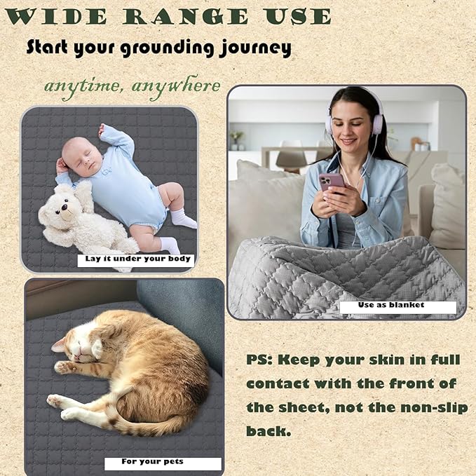 Grounding Mat 23.6x34.2 Inch, Ground Blanket with Silver Fiber & Cotton for Stress Relief & Sleep Improvement, Couch/Bed Use