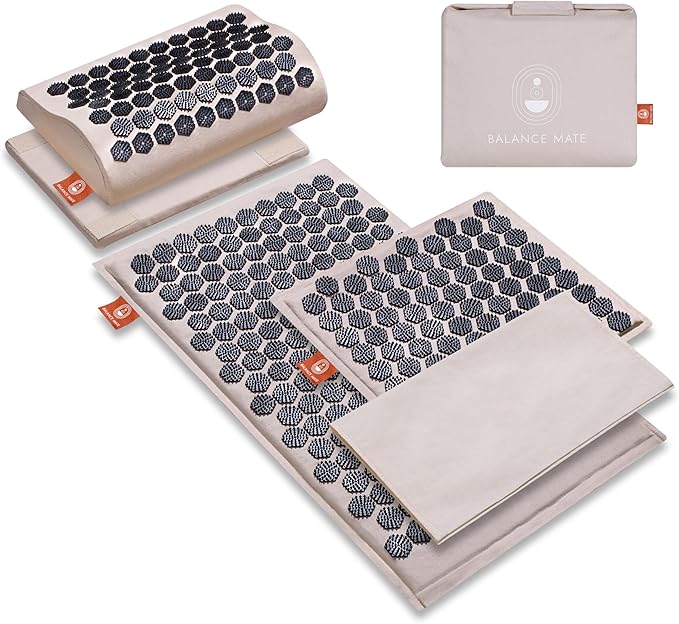 Acupressure Mat & Pillow – Natural Back & Neck Pain Relief, Stress Relief, and Better Sleep Kit (Includes Pillow & Carry Bag, Soft Cream).