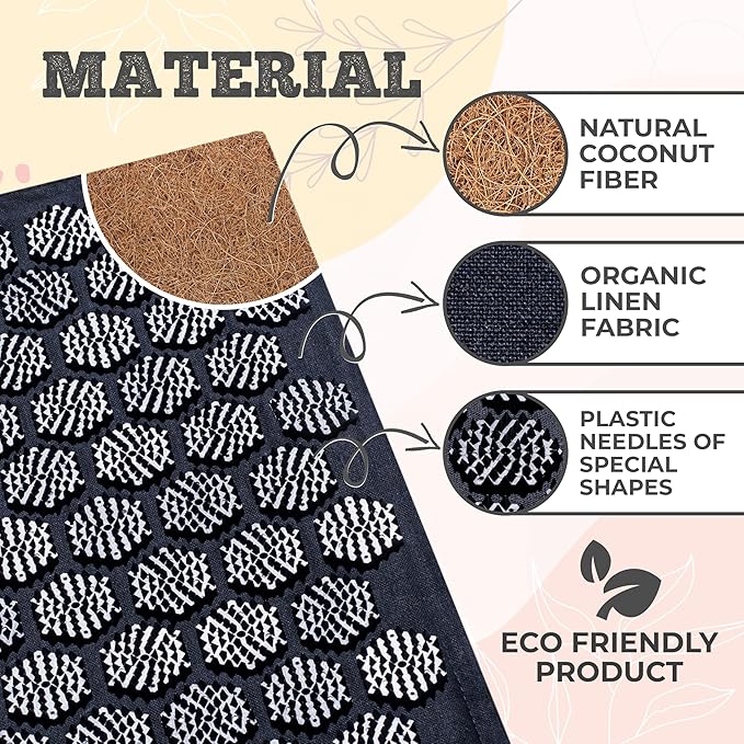 Acupressure Mat & Pillow – Natural Back & Neck Pain Relief, Stress Relief, and Better Sleep Kit (Includes Pillow & Carry Bag, Deep Black).