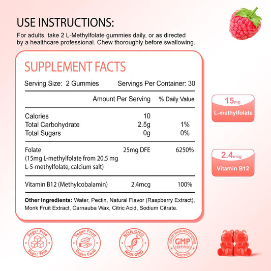 2 Pack L-Methylfolate 15mg Gummies, Methylated Multivitamin with Methylated B12, Active 5-MTHF Form, Supports MTHFR Mutation, Methylation, Mood & Cognition, Vegan, Raspberry Flavor, 120 Cts