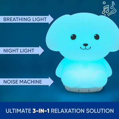 Mindfulness 'Breathing Puppy' | 4-7-8 Guided Visual Meditation Breathing Light | 3 in 1 Device with Night Light & Noise Machine for ADHD Anxiety Stress Relief Sleep - Gift for Kids Adult Women Men