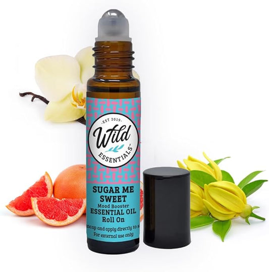 Wild Essentials Sugar Me Sweet Essential Oil Roll On, 10ml, Uplifting, Mood Boosting, Sweet Cotton Candy Aroma, Made with Organic Jojoba Oil, Ready to Use, Moisturizer, All Natural