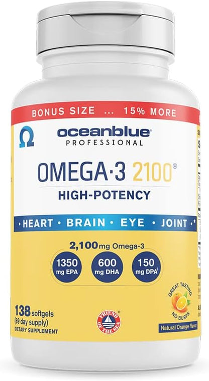 Oceanblue Professional Omega-3 2100 â 138 ct Bonus Bottleâ Triple Strength Burpless Fish Oil Supplement with High-Potency EPA, DHA, DPA â Wild-Caught â Orange Flavor, 69 Servings