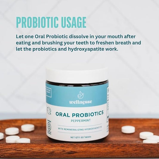 Wellnesse Oral Probiotics with Peppermint and Hydroxyapatite- Oral Probiotic for Fresh Breath, Strong Teeth, and Healthy Gums - Bad Breath Treatment for Kids and Adults