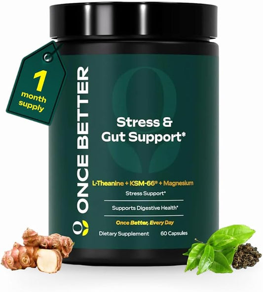Once Betterâ¢ï¸ Stress & Gut Support Supplement â Ashwagandha KSM-66Â®, L-Theanine, Magnesium Glycinate, Probiotics & Inulin for Digestive Health & Stress Relief â 60 Capsules - Men & Women