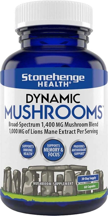 Stonehenge Health Dynamic Mushrooms - 100% Fruiting Bodies & Extracts - Lionâs Mane, Chaga, Maitake, Shiitake, Reishi - Nootropic Brain & Immune System Support - No Mycelium - 60 Veggie Capsules