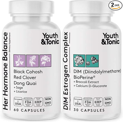 Youth & Tonic Menopause & PMS Support for Women Through Balanced Estrogen Metabolism â 90 Pills with DIM Black Cohosh Red Clover Dong Quai Soy Isoflavones