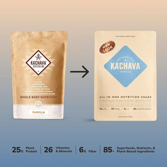 KaâChava All-In-One Nutrition Shake Blend, 85+ Superfoods & Nutrients, Meal Replacement, Greens Plant-Based Superfood Powder Protein Drink, Digestive Enzymes & Probiotics, Vegan Dairy Gluten Free, 2lb