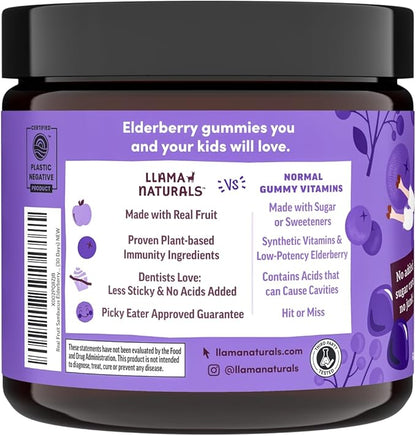 Llama Naturals Real Fruit Sambucus Elderberry Gummies for Kids, No Added Sugar Cane, Vegan, Organic Toddler Immune Support, Zinc & Vitamin C Children 120 Count (2-4 Month Supply)