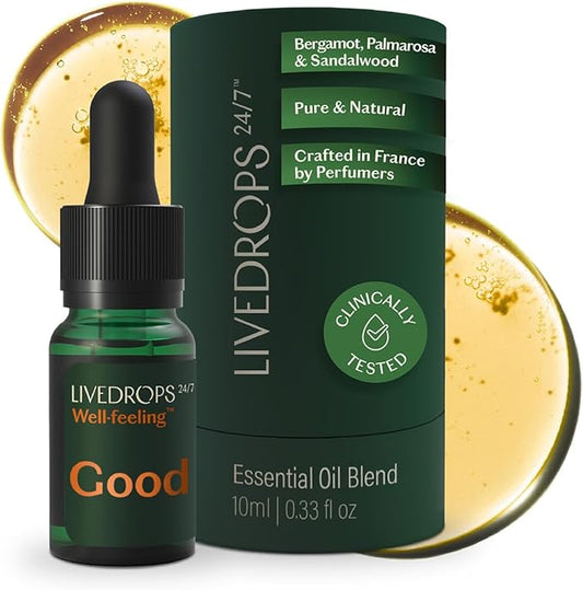 LIVEDROPS 24/7 Good Essential Oil Blend - Bergamot, Palmarosa & Sandalwood - Natural & Pure - Aromatherapy for Positivity & Focus - Crafted in France by Perfumers - Skin-Safe & Diffuser Compatible