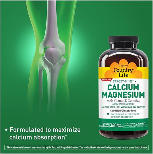Country Life Target-Mins Calcium Magnesium with Vitamin D-Complex, 1000mg/500mg/10mcg, 360 Vegan Capsules, Certified Gluten Free, Certified Vegan, Verified Non-GMO Verifiedâ¦