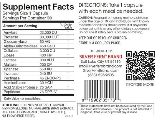 Silver Fern Brand Ultimate Digestive Enzyme Supplement - 1 Bottle = 90 Capsules - High Potency, Multi Enzyme - Digestive Comfort & Food Tolerance - Hemicullulase, Peptidase, Maltase, More