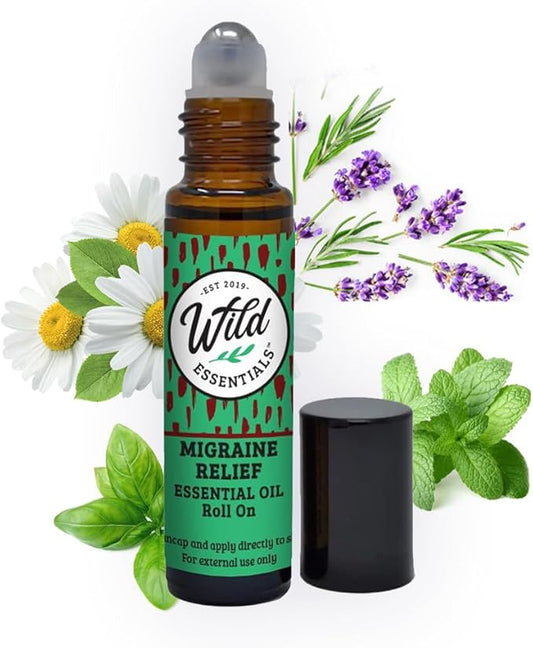 Migraine Relief 10ml Essential Oil Roll On, Organic Jojoba Oil, All Natural, Slim Glass Bottle, Premium Stainless Steel Applicator