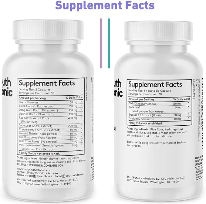 Youth & Tonic Menopause & PMS Support for Women Through Balanced Estrogen Metabolism â 90 Pills with DIM Black Cohosh Red Clover Dong Quai Soy Isoflavones