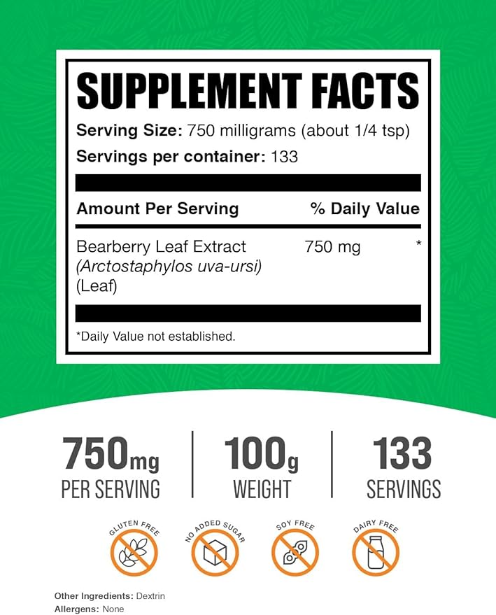 BulkSupplements.com Bearberry Leaf Extract Powder - Uva Ursi Extract, Bearberry Supplement, Bearberry Leaf Powder - Vegan & Gluten Free, 750mg per Serving, 100g (3.5 oz) (Pack of 1)