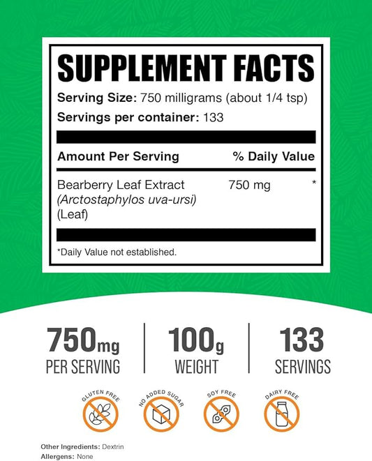 BulkSupplements.com Bearberry Leaf Extract Powder - Uva Ursi Extract, Bearberry Supplement, Bearberry Leaf Powder - Vegan & Gluten Free, 750mg per Serving, 100g (3.5 oz) (Pack of 1)