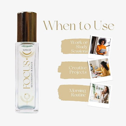 Focus Essential Oil Roll On –100% Natural Aromatherapy – 10ml Glass Roller Ball – Focus, Productivity & Mental Clarity Blend w/Peppermint, Rosemary & Bergamot - Work, Study, Self Care, Gift