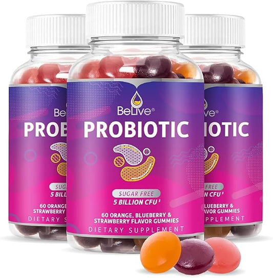 BeLive Probiotic Gummies - Probiotics with 5 Billion CFUs for Digestive Health, Men, Women & Kids Probiotic Supplements for Immune Support, Sugar Free & Vegan â Blueberry, Strawberry & Orange | 3-Pack