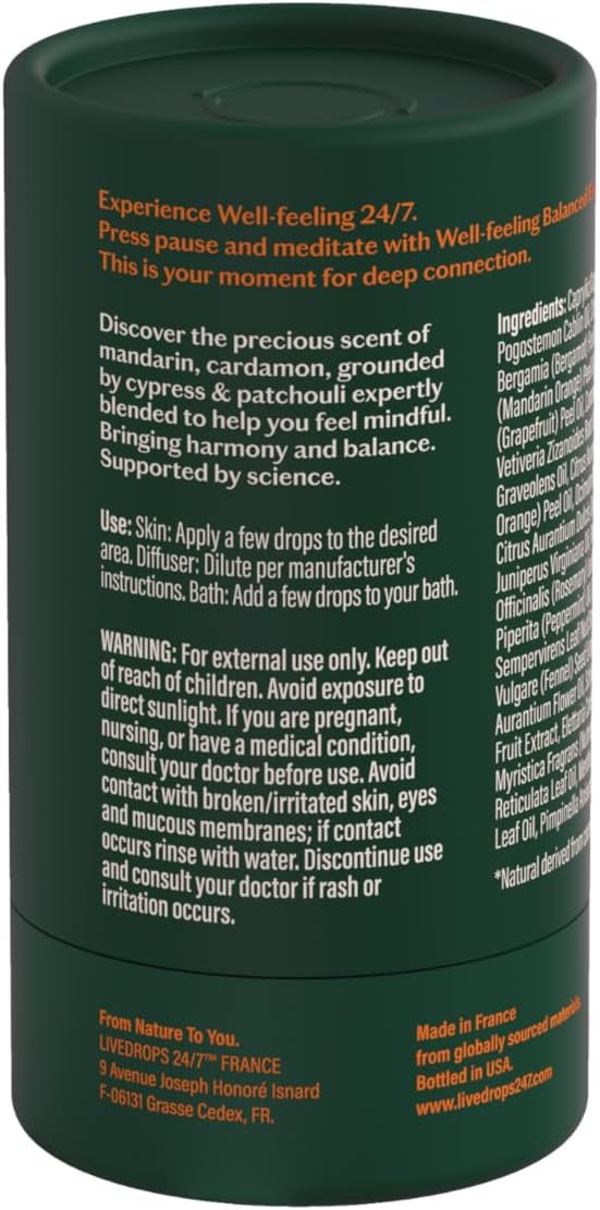 LIVEDROPS 24/7 Balanced Essential Oil Blend - Crafted in France Mandarin, Cardamon & Patchouli - Pure & Natural - Aromatherapy - Skin Safe & Diffuser Compatible - Clinically Tested