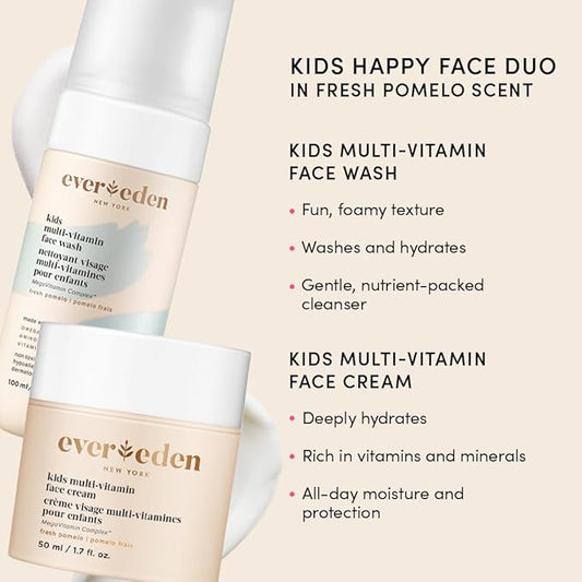 Evereden Kids Happy Face Duo (Fresh Pomelo) - Multi-Vitamin Kids Face Wash & Kids Face Cream Set - Clean & Vegan Skin Care for Kids 3+ - Moisturizing, Nourishing, & Protective Kids Skin Care Set