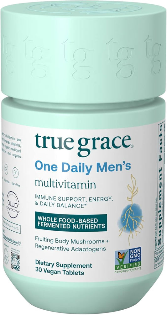 True Grace One Daily Menâs Multivitamin Fermented Minerals, Organic Adaptogens & Mushrooms Whole Body Balance Immune, Endurance, Bone & Heart Support - Non-GMO, Gluten Free - 30 Vegan Tablets