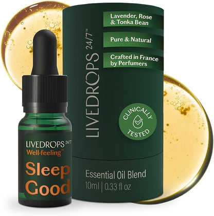 LIVEDROPS 24/7 Sleep Good Essential Oil Blend - Crafted in France - Lavender, Rose & Tonka - Pure & Natural - Aromatherapy - Skin Safe & Diffuser Compatible - Clinically Tested