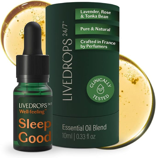 LIVEDROPS 24/7 Sleep Good Essential Oil Blend - Crafted in France - Lavender, Rose & Tonka - Pure & Natural - Aromatherapy - Skin Safe & Diffuser Compatible - Clinically Tested