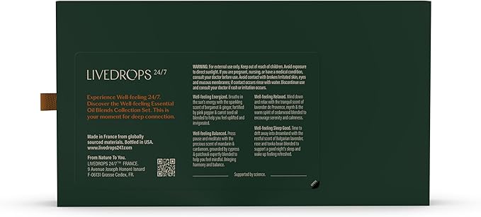 LIVEDROPS 24/7 Essential Oil Gift Set 4 mini Aromatherapy Blends for Energy, Sleep, Relax Natural Oils for Diffuser or Skin Crafted in France by Perfumers Wellness Gift