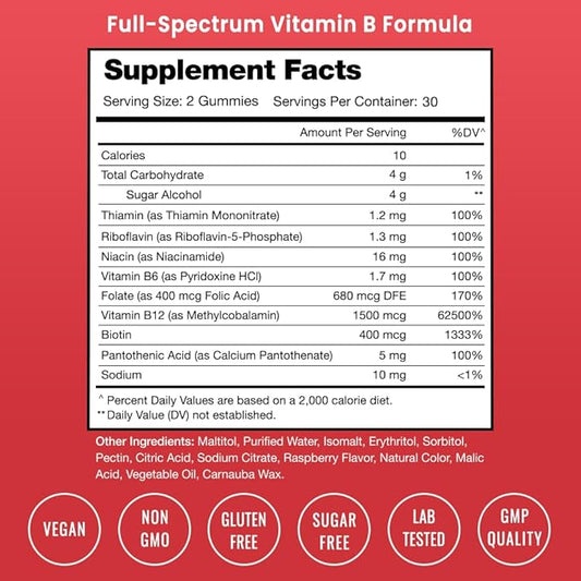 Vitamin B Complex Gummies | Vitamin B Gummies for Women, Men & Kids | Boosts Energy & Metabolism | B Complex Vitamins B1, B2 (Riboflavin), B3 (Niacin), B5, B6, B7 (Biotin), B9 (Folic Acid), Methyl B12
