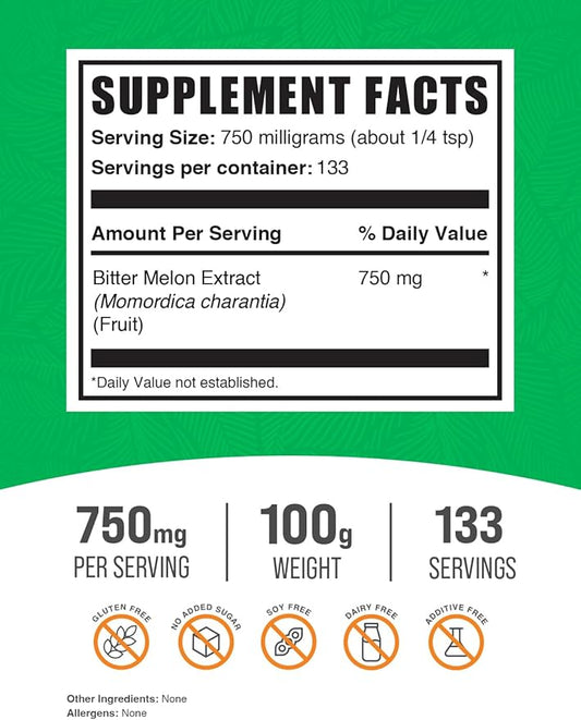 BulkSupplements.com Bitter Melon Extract Powder - Bitter Melon Supplement, Bitter Gourd Extract - Herbal Supplement, Gluten Free, 750mg per Serving, 100g (3.5 oz) (Pack of 1)