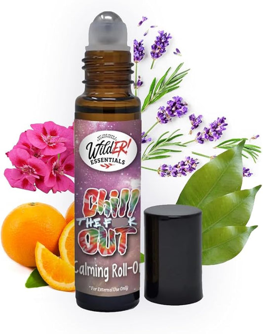 Wild Essentials Chill The F Out Essential Oil Roll On, 10ml, Calming, Stress, Meditation Blend, 100% Pure, Premium Grade Essential Oils and Organic Jojoba Oil, Ready to Use, Moisturizer, All Natural