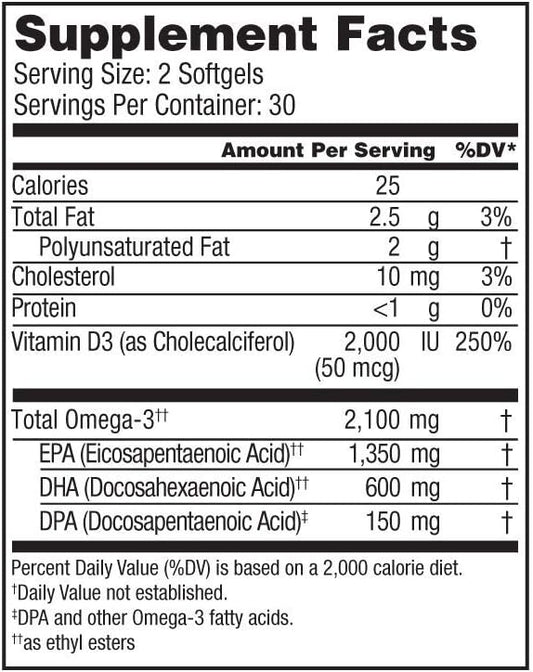 Oceanblue Professional Omega-3 2100 â 120 ct â Triple Strength Burpless Fish Oil Supplement with High-Potency EPA, DHA, DPA and Vitamin D3 â Wild-Caught â Vanilla Flavor (60 Servings)
