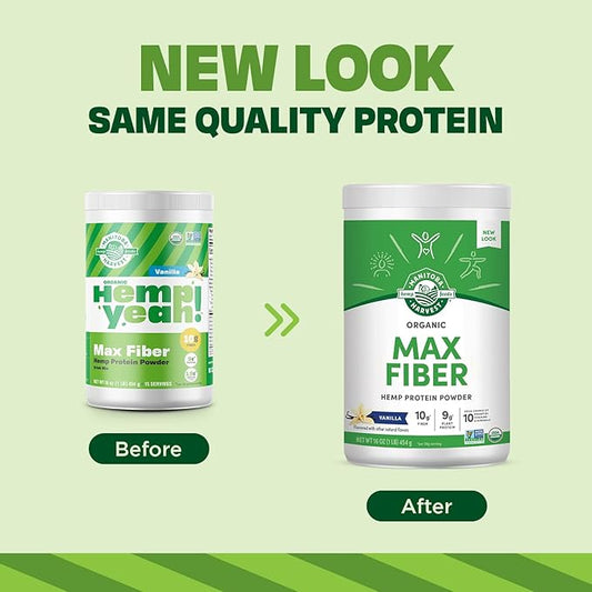 Manitoba Harvest Hemp Yeah! Organic Max Fiber Protein Powder, Vanilla, 16oz; with 10g of Fiber, 9g Protein and 1.9g Omegas 3&6 per Serving, Preservative Free, Non-GMO, Packaging May Vary