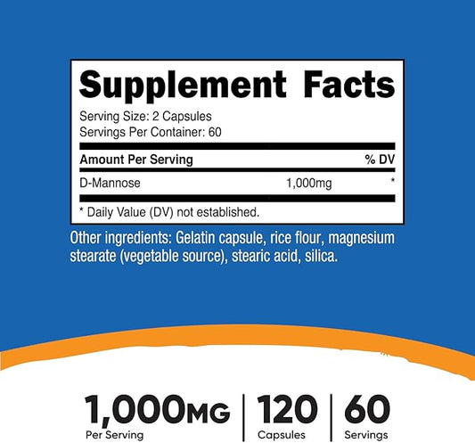 Nutricost D-Mannose 1000mg Per Serving, 120 Capsules - 500mg Per Capsule, Urinary Tract Health, Non-GMO and Gluten Free