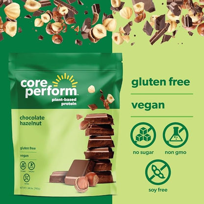 Core Perform's Plant Based Chocolate Hazelnut Protein Powder, Low Fodmap, Gluten Free, Non GMO and Vegan, Developed by a Gut Health Registered Dietitian (20 Servings)