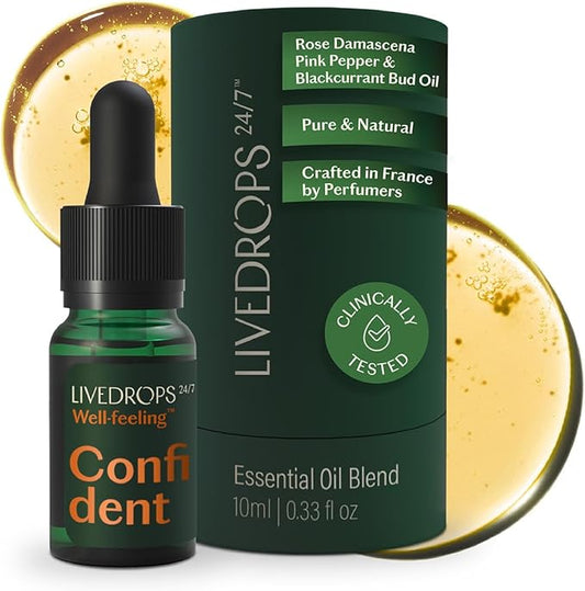 LIVEDROPS 24/7 Confident Essential Oil Blend - Crafted in France - Rose Damascena, Pink Pepper & Blackcurrant Bud Oil - Pure & Natural - Apply Directly on Skin or in Diffuser - Clinically Tested