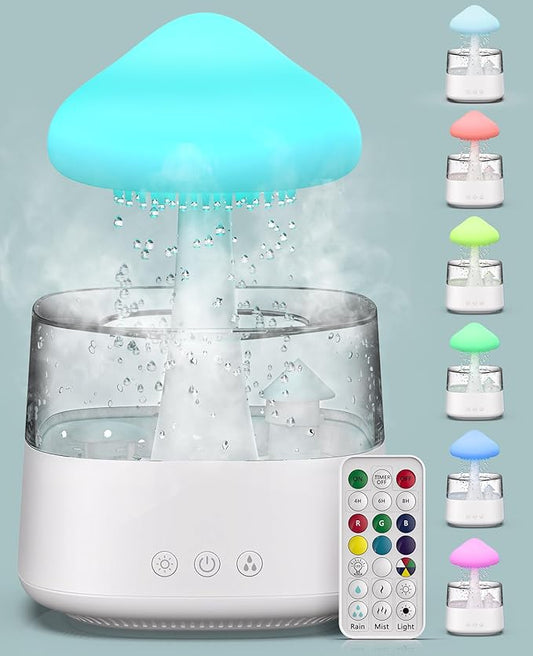 Romanda Rain Cloud Humidifier with Remote, Rain Cloud Diffuser, Cloud Humidifier Rain Drop, Mushroom Diffuser, Mushroom Humidifier Waterfall Lamp, Rain Sounds for Sleeping