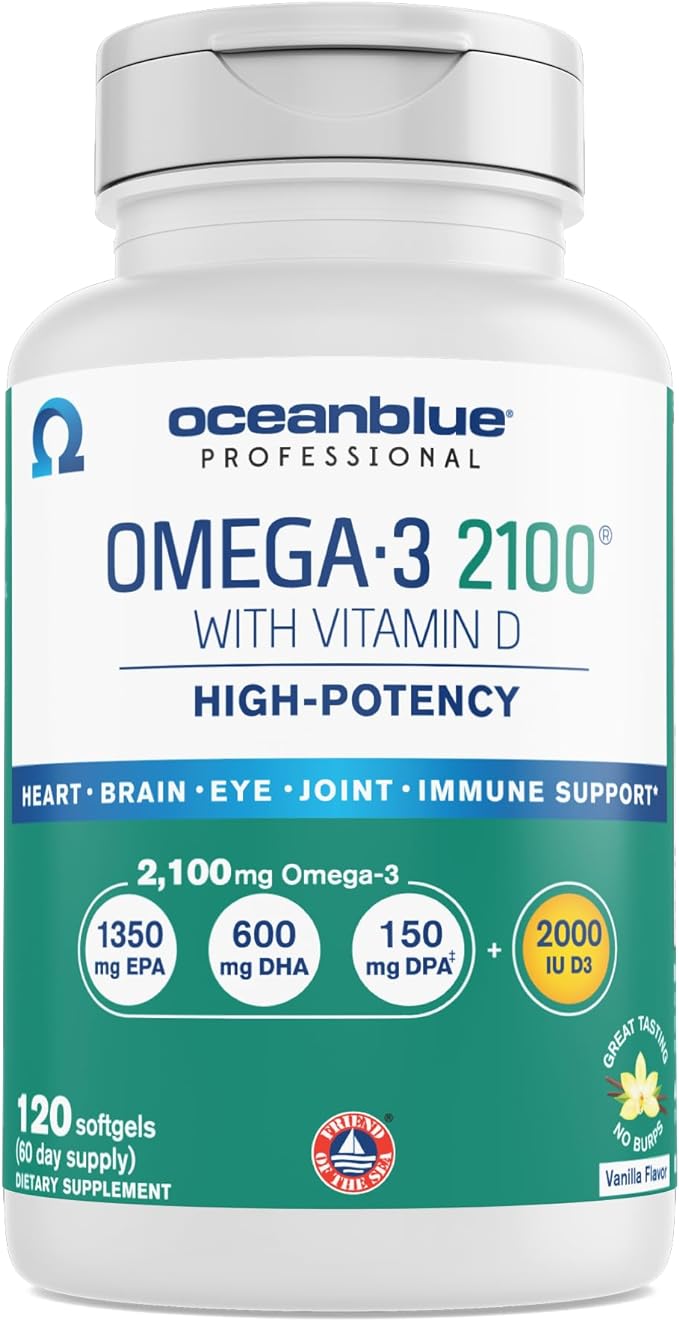 Oceanblue Professional Omega-3 2100 â 120 ct â Triple Strength Burpless Fish Oil Supplement with High-Potency EPA, DHA, DPA and Vitamin D3 â Wild-Caught â Vanilla Flavor (60 Servings)