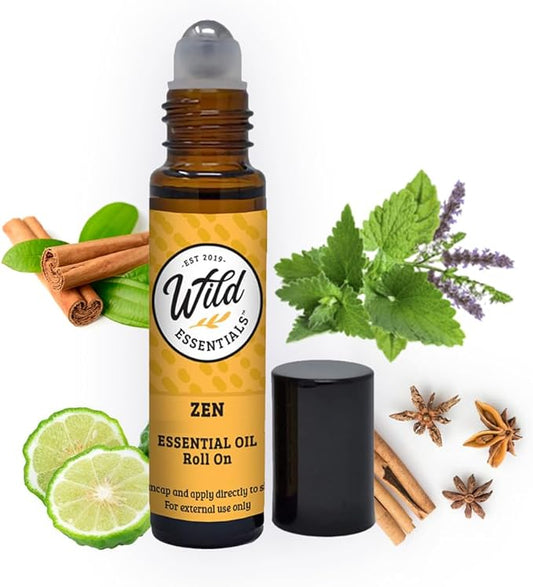 Wild Essentials Zen Essential Oil Roll On, 10ml, for Meditation, Yoga, Relaxation, Stress, Calming Made with Organic Jojoba Oil, Ready to Use, Moisturizer, All Natural