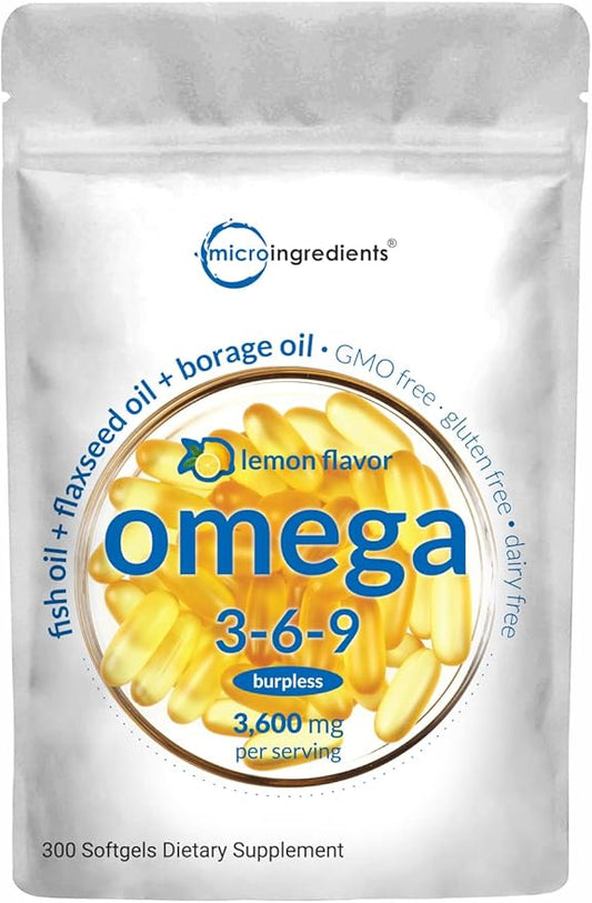 Ultra Omega 3-6-9 3600mg Perserv, 300 Burpless Softgels | Lemon Flavor â Blend of Fish, Flaxseed, Borage Oils | Bioavailable Source, Non-GMO, No Gluten, Mercury Free