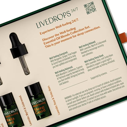 LIVEDROPS 24/7 Essential Oil Gift Set 4 mini Aromatherapy Blends for Energy, Sleep, Relax Natural Oils for Diffuser or Skin Crafted in France by Perfumers Wellness Gift