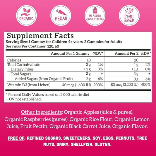 Llama Naturals Real Fruit Vitamin D3 Gummies Kids & Adults; No Added Sugar Cane, Organic Vitamin D, Vegan, 200% DV Each; (120 CT, 60-120 Days, Raspberry)